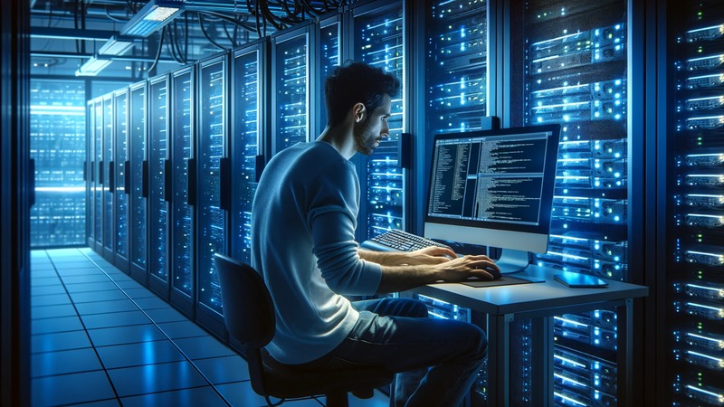 A-server-administrator-working-on-a-computer-in-a-server-room-filled-with-racks-of-servers 【すぐわかる】プログラミング言語、種類とその歴史【まとめて整理】