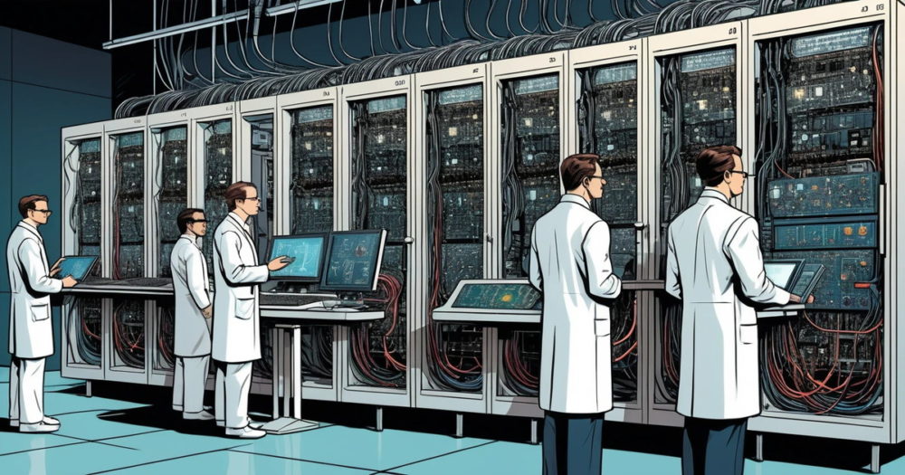 メインフレームコンピューターの前にいる研究者たち