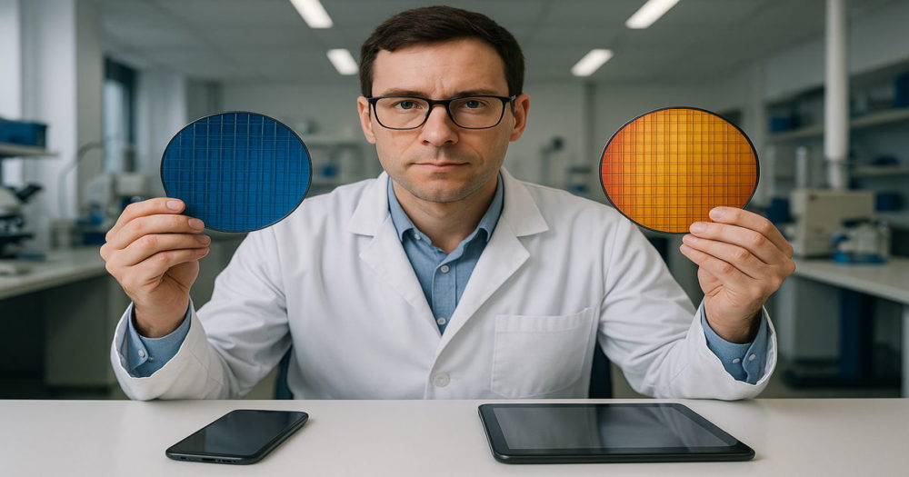 半導体を持つ開発者とスマートフォンとタブレット