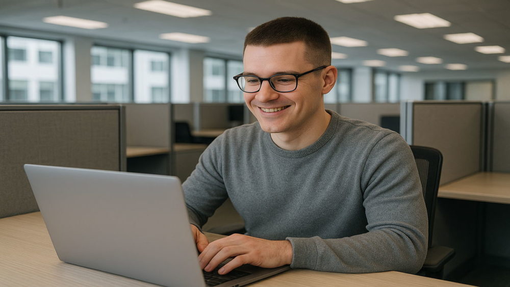 AMDのCPUを使ったラップトップで快適作業中の人